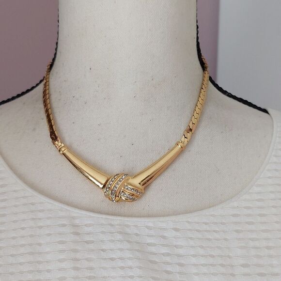 Christian Dior Crystal Embellished Gold Tone Statement Collar Necklace - Picture 1 of 9